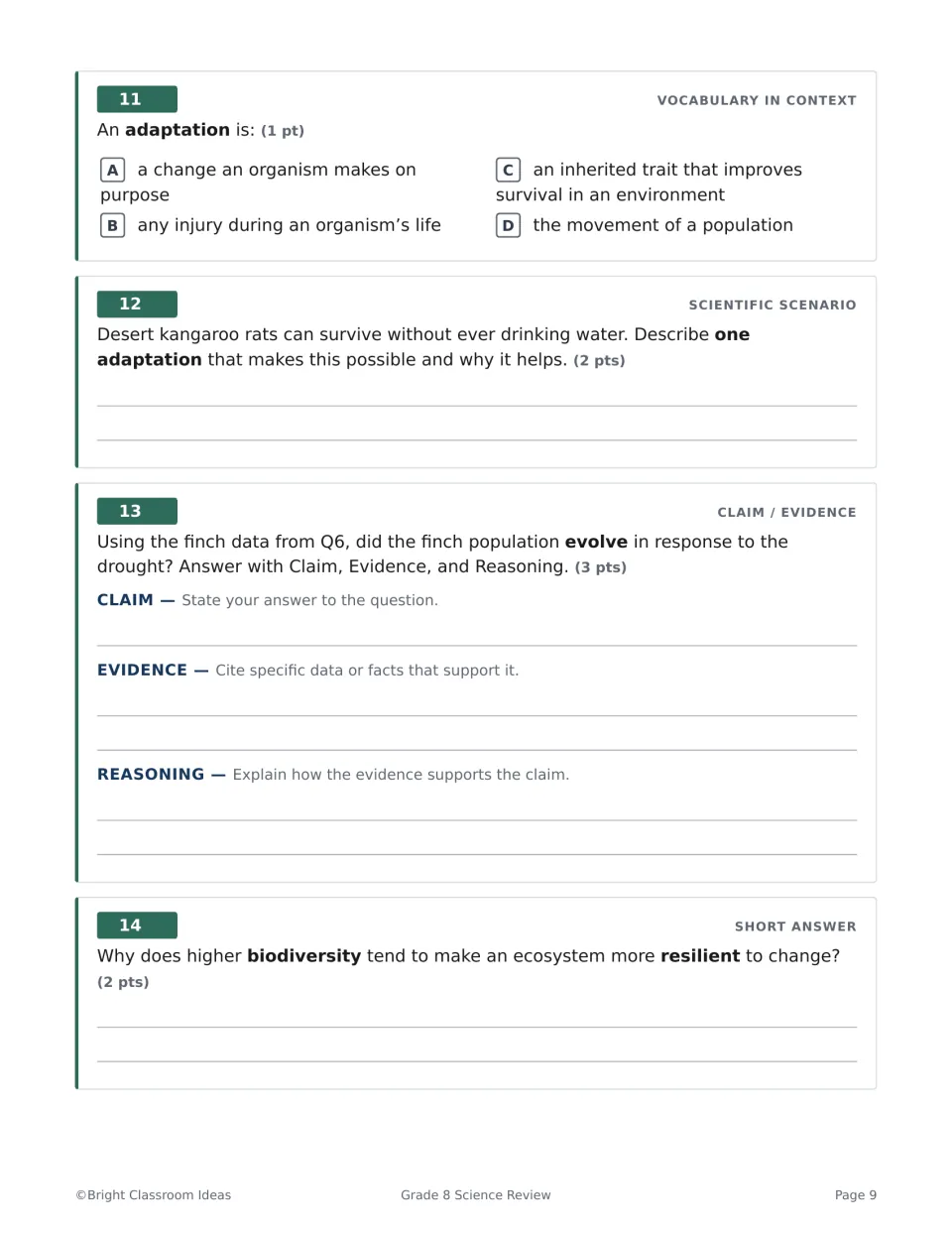 Adaptation and ecosystems Q11-14: define adaptation, kangaroo rat scenario, finch claim-evidence-reasoning, biodiversity
