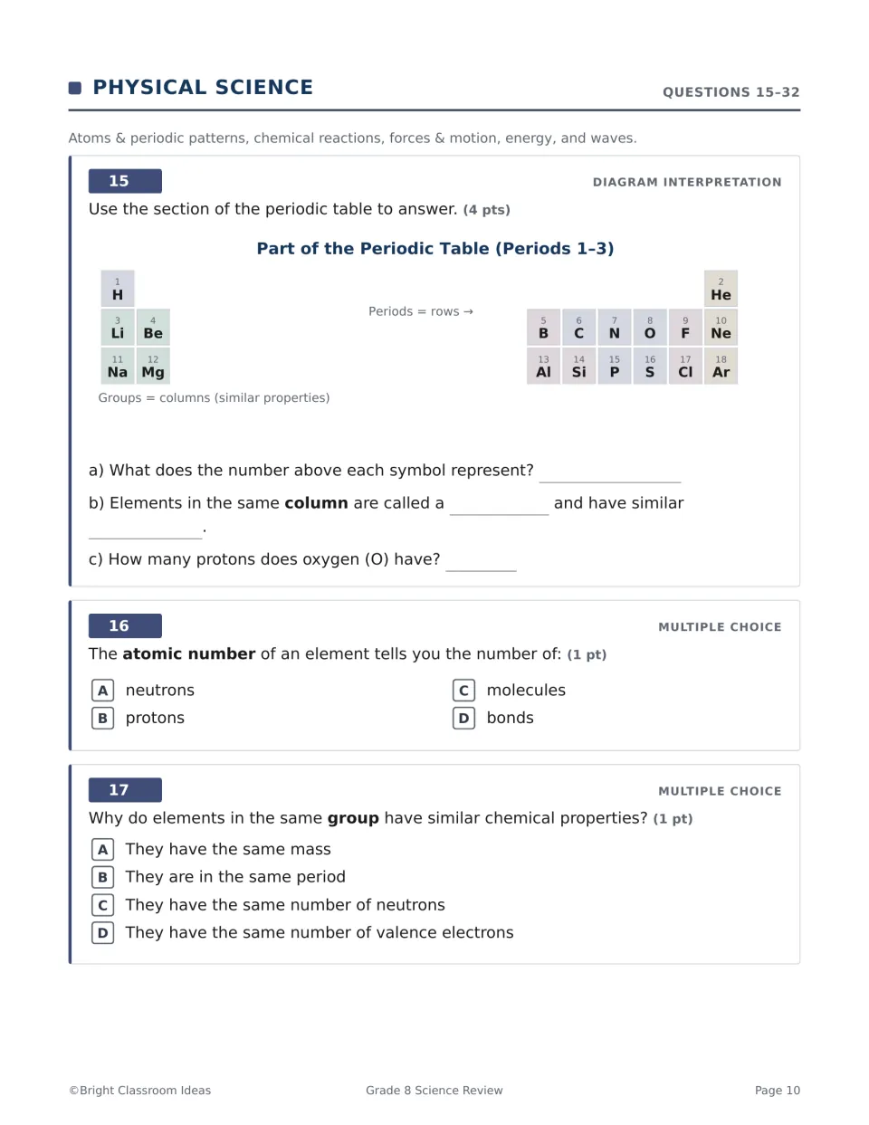 Physical science Q15-17: students read a periodic table excerpt, periods 1-3, to answer on atomic number and groups