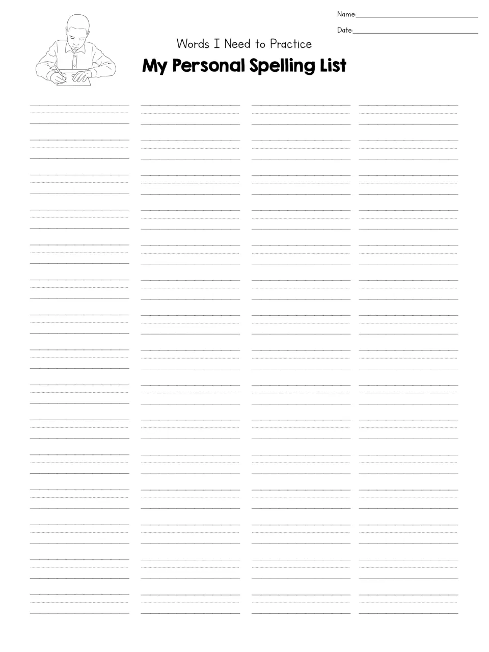 My Personal Spelling List: students write the words they personally need to practice, with name and date