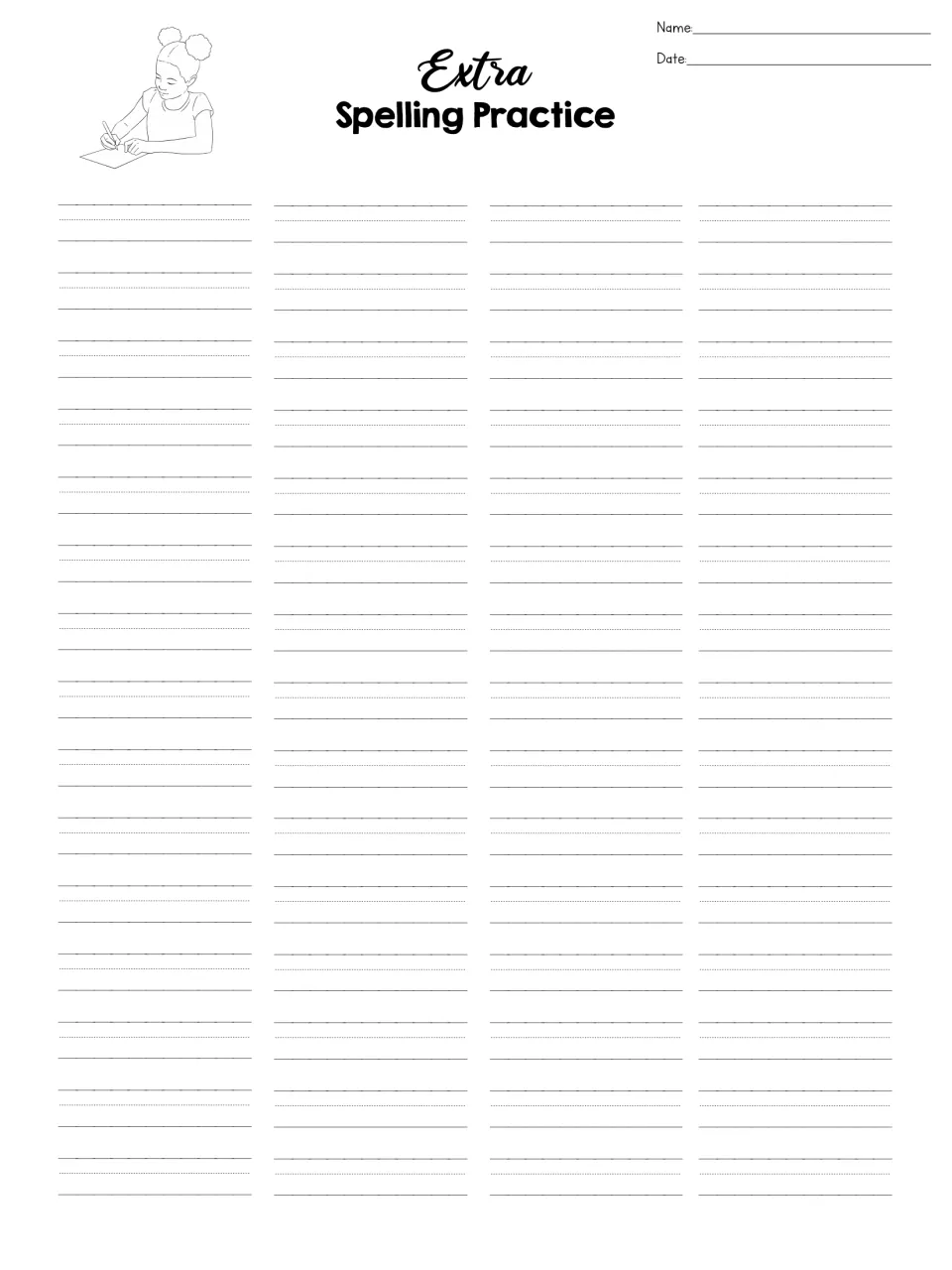 Extra spelling practice: students write and rewrite words from any list, with name and date