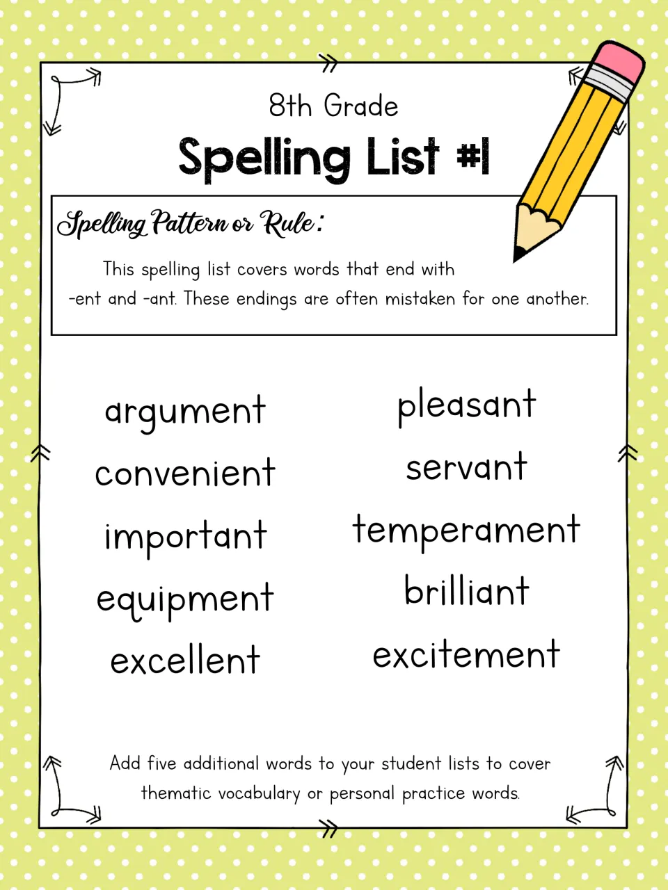 Spelling List #1 on -ent and -ant endings: argument, convenient, important, pleasant, servant, brilliant