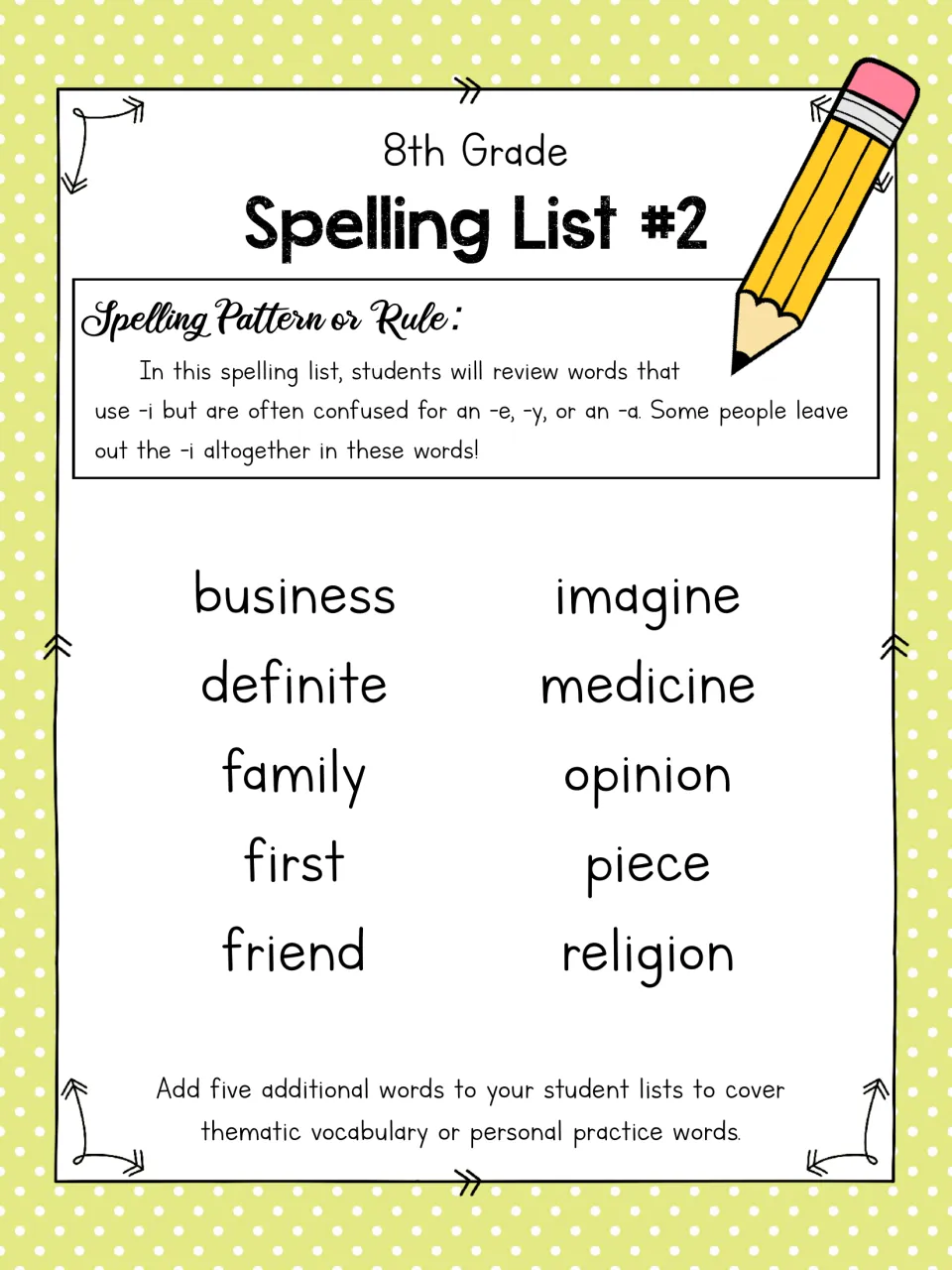 Spelling List #2 on words with i often mixed up with e, y or a: business, definite, family, friend, piece