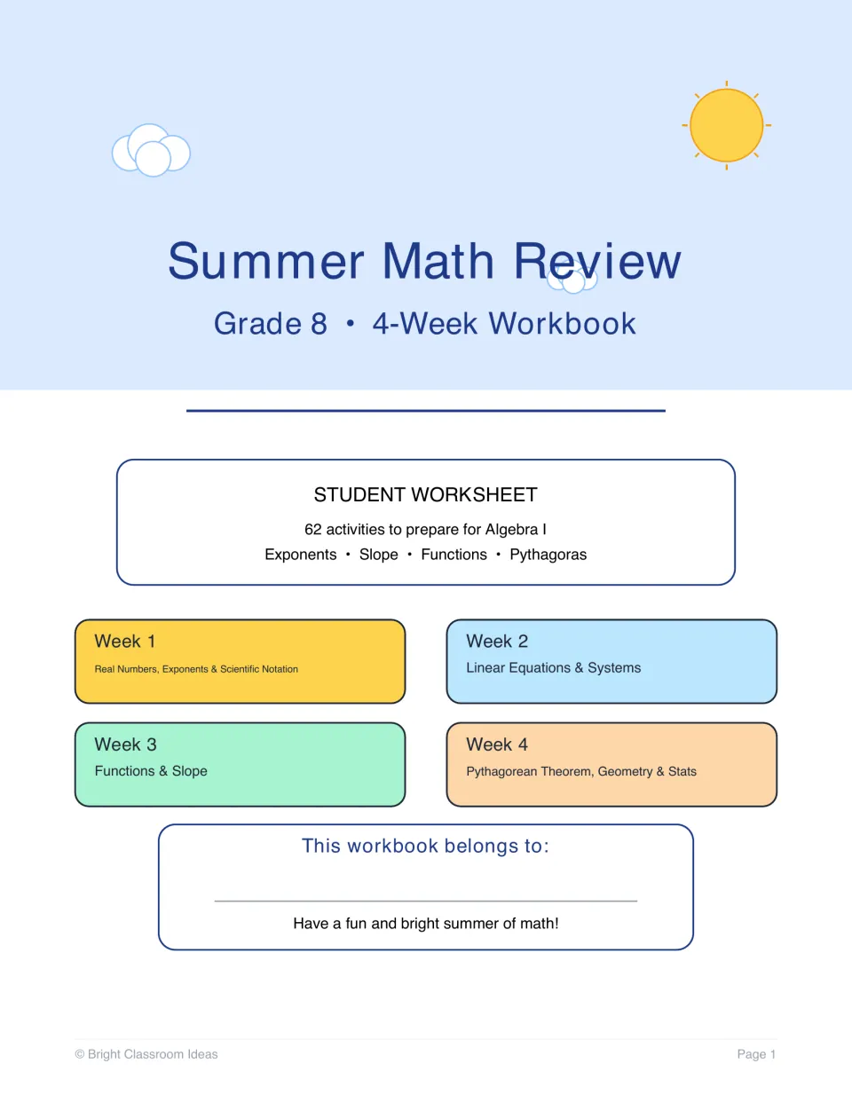 Student workbook title page: 62 activities over 4 weeks on exponents, linear equations, functions, slope and Pythagoras