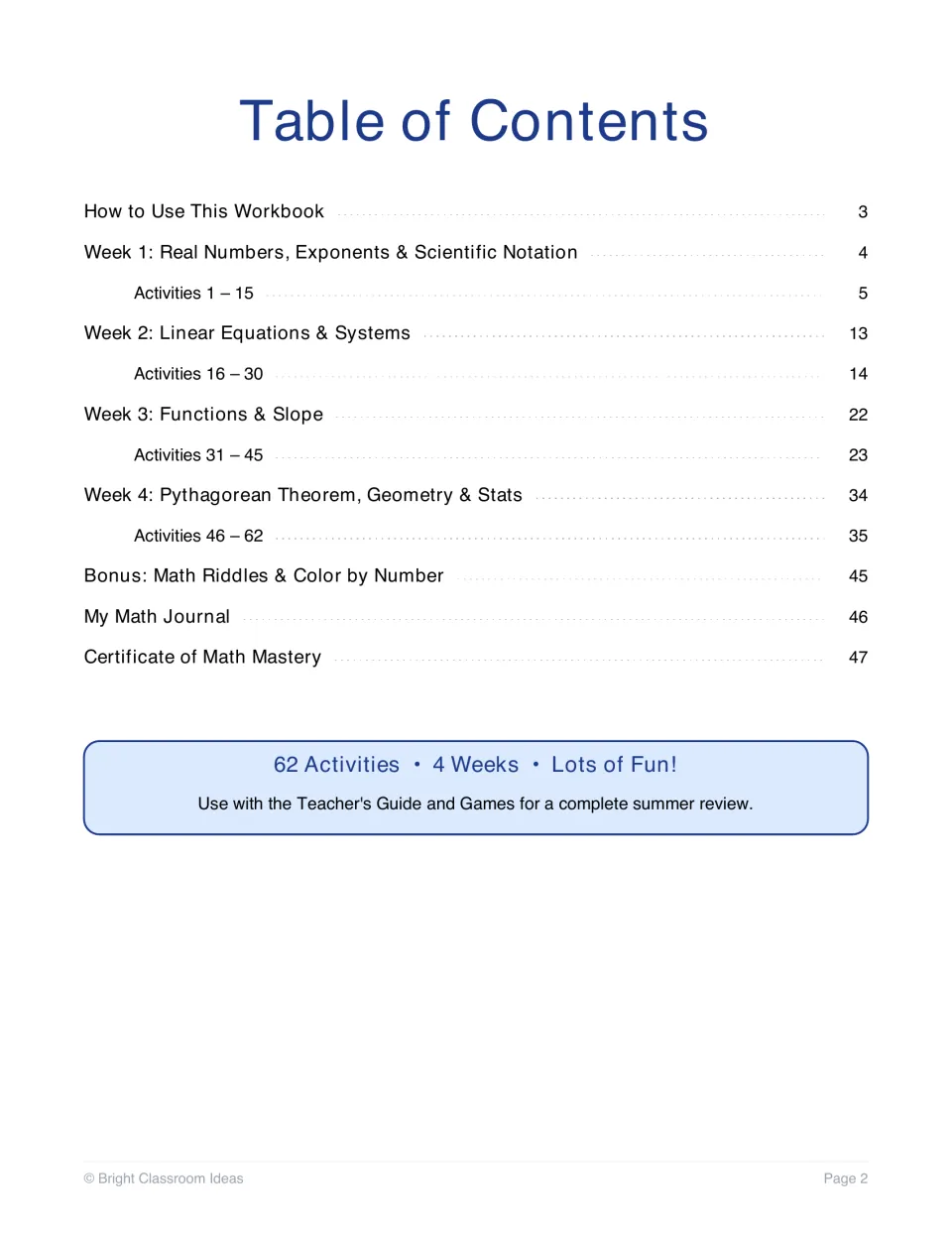 Table of contents listing Weeks 1-4 with activity ranges, bonus riddles and color by number, a math journal and certificate