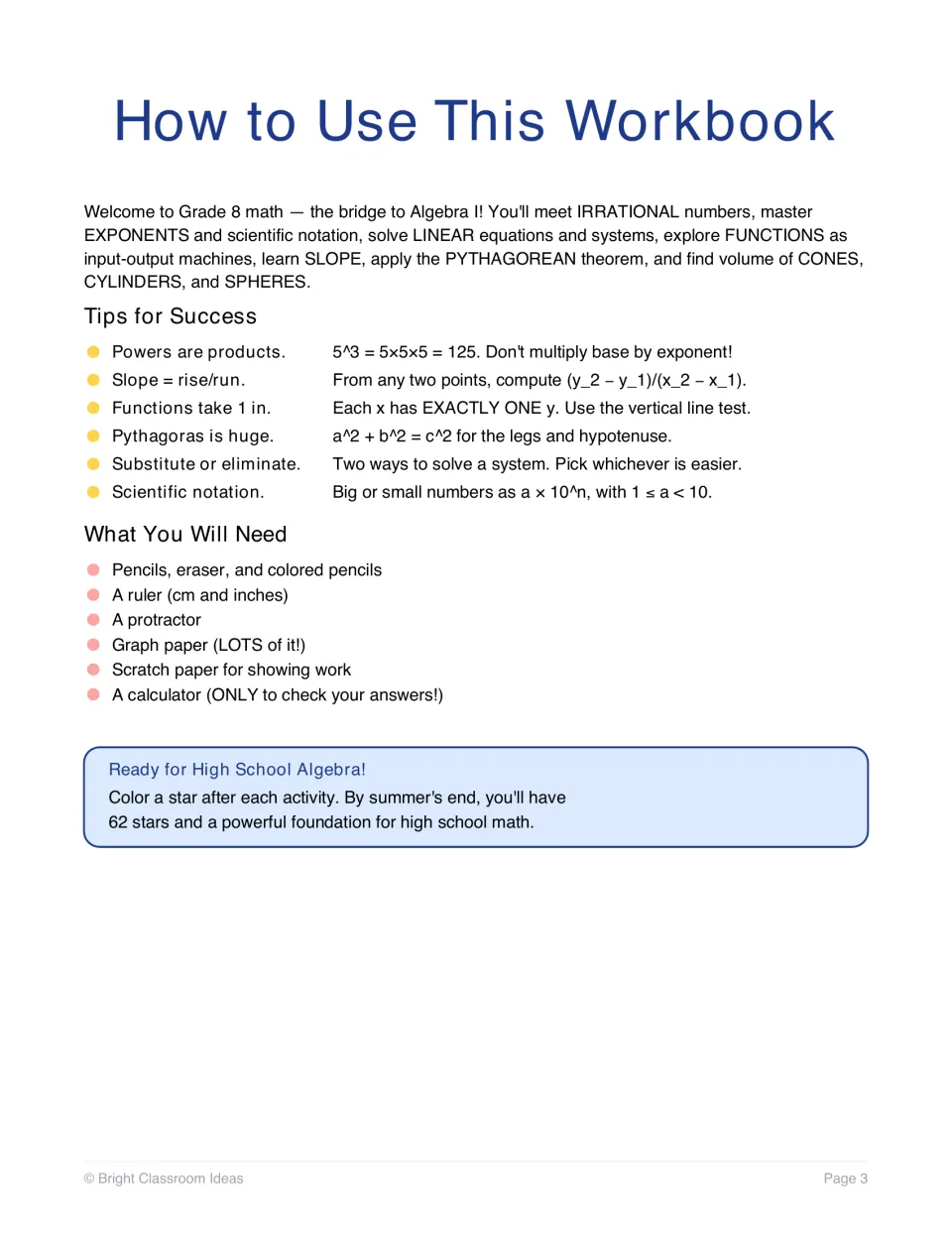 How to Use This Workbook: tips on powers, slope, functions, Pythagoras and scientific notation, plus a supplies list