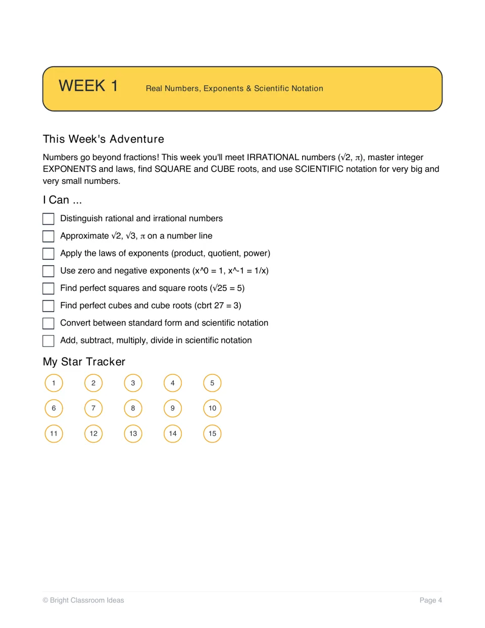 Week 1 intro on real numbers, exponents and scientific notation with I Can goals to check off and a 15-star tracker
