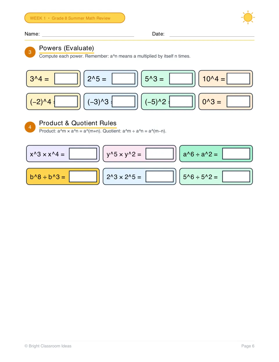 Evaluating powers: students compute 8 powers such as 3^4 and (-2)^4, then simplify using the product and quotient rules