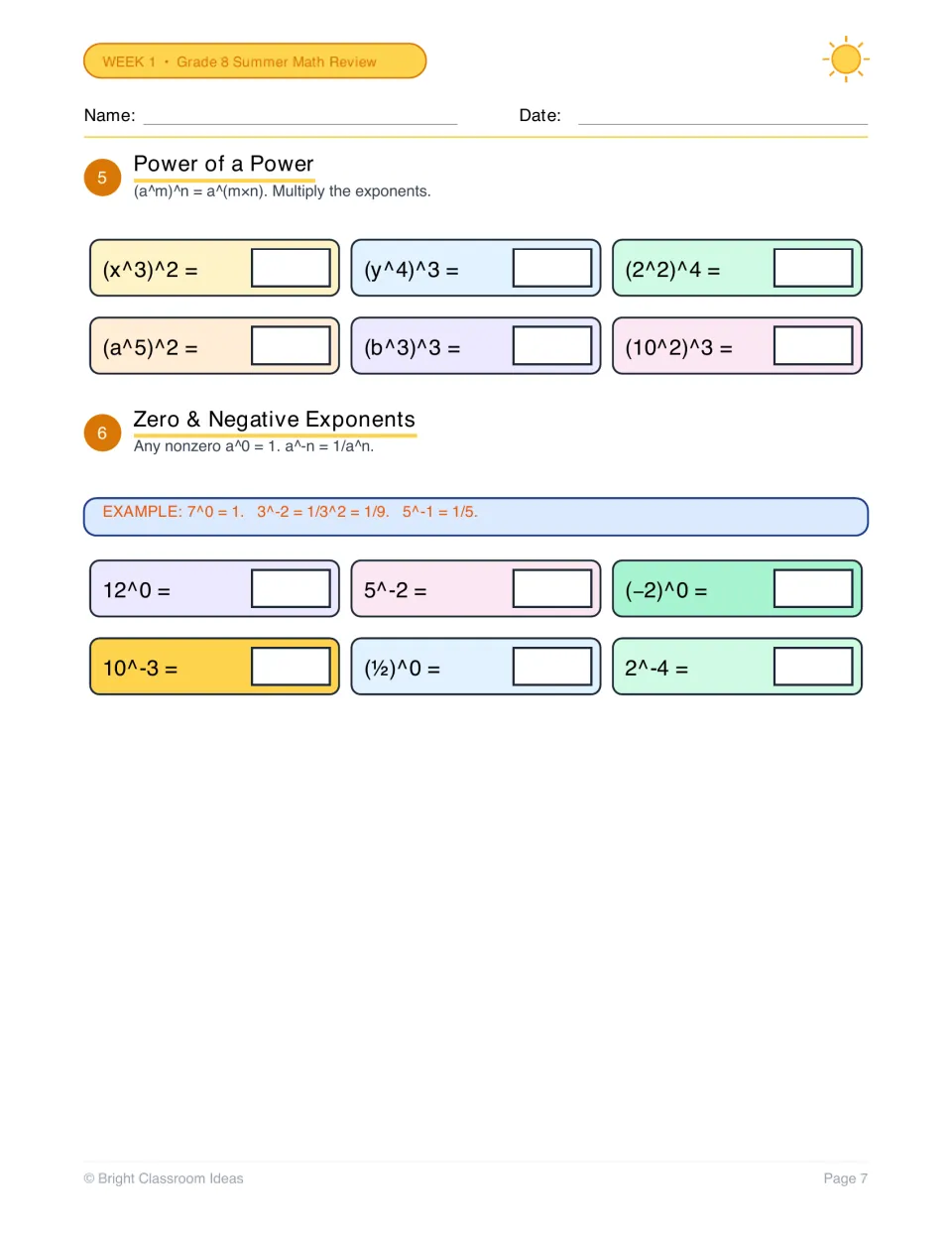 Power of a power, zero and negative exponents: students simplify 6 items like (x^3)^2, then evaluate 12^0, 5^-2 and 2^-4