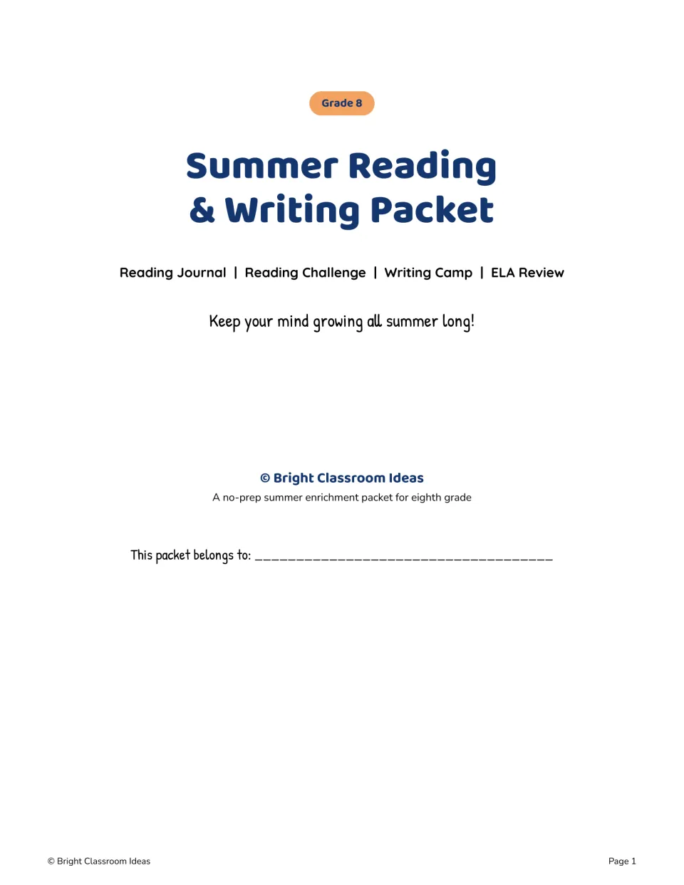 Grade 8 packet cover names four parts: Reading Journal, Reading Challenge, Writing Camp, and ELA Review.
