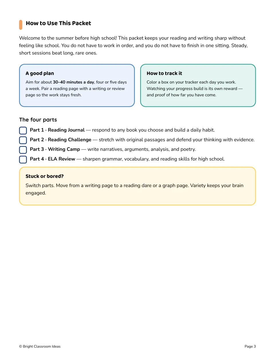 Packet directions suggest 30–40 minutes daily, four or five days a week, and introduce the four parts.