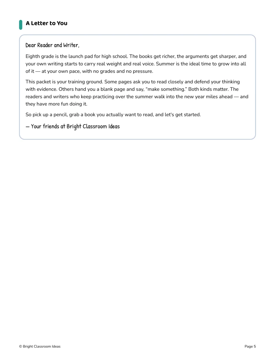 Packet welcome letter encourages reading closely, supporting ideas with evidence, and writing before high school.