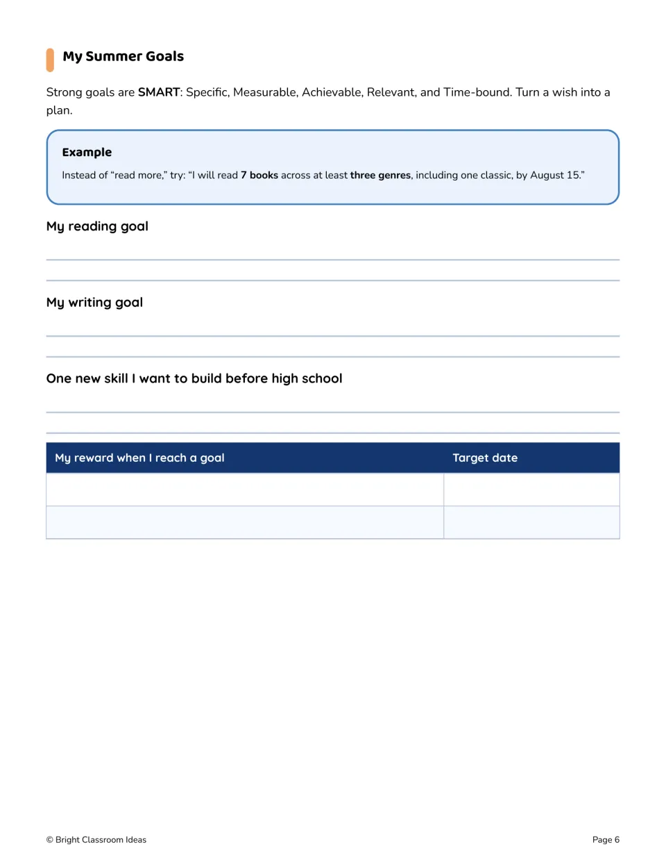 Summer goal-setting page explains SMART goals and asks for reading, writing, and pre-high-school skill goals.