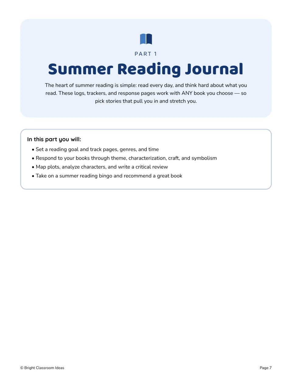 Part 1 reading journal introduction outlines book tracking, literary responses, plot analysis, and reading bingo.