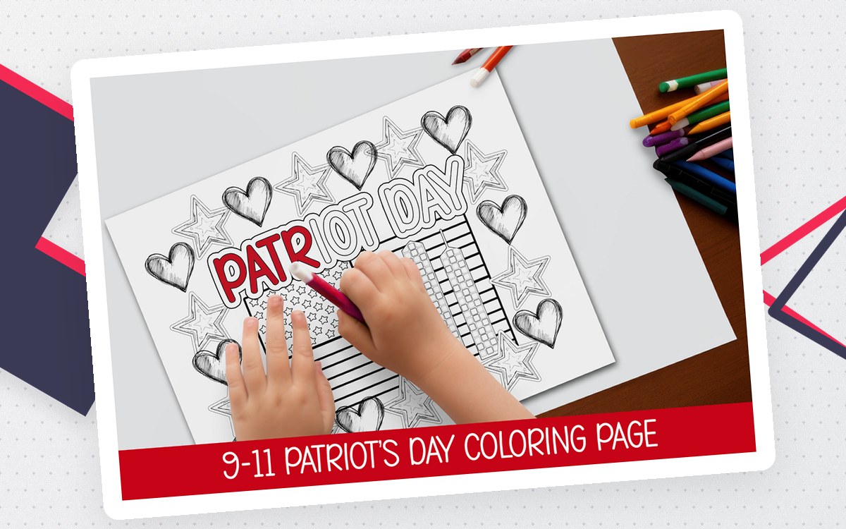 Patriot Day coloring-page scene with a hand coloring outlined Twin Towers, hearts, and large title lettering.