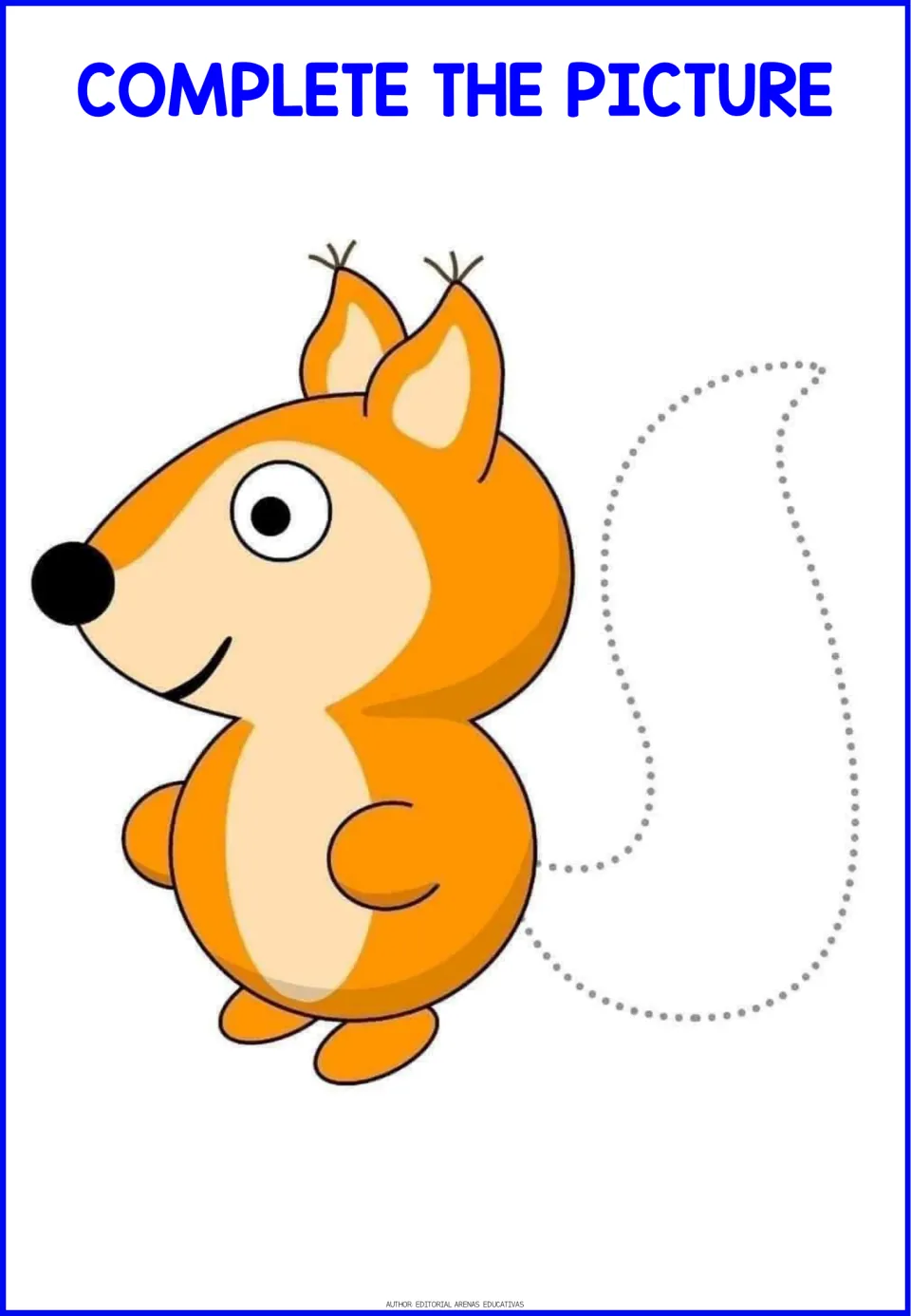 Orange squirrel drawing missing its tail: students trace the dotted tail outline to finish the animal, then color it
