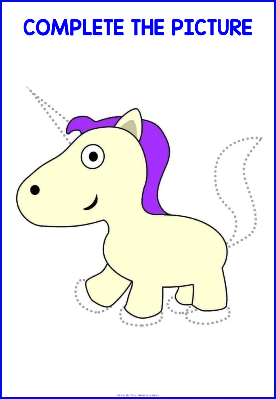 Cream unicorn with purple mane: students trace the dotted horn, tail and hooves to complete it, practising pencil control