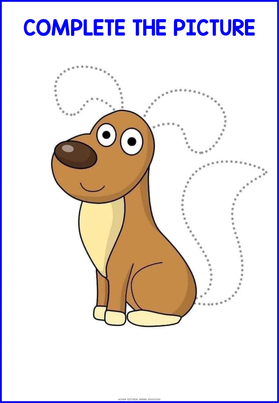 Brown sitting dog: students trace the dotted floppy ears and curled tail to finish the drawing, practising curved strokes