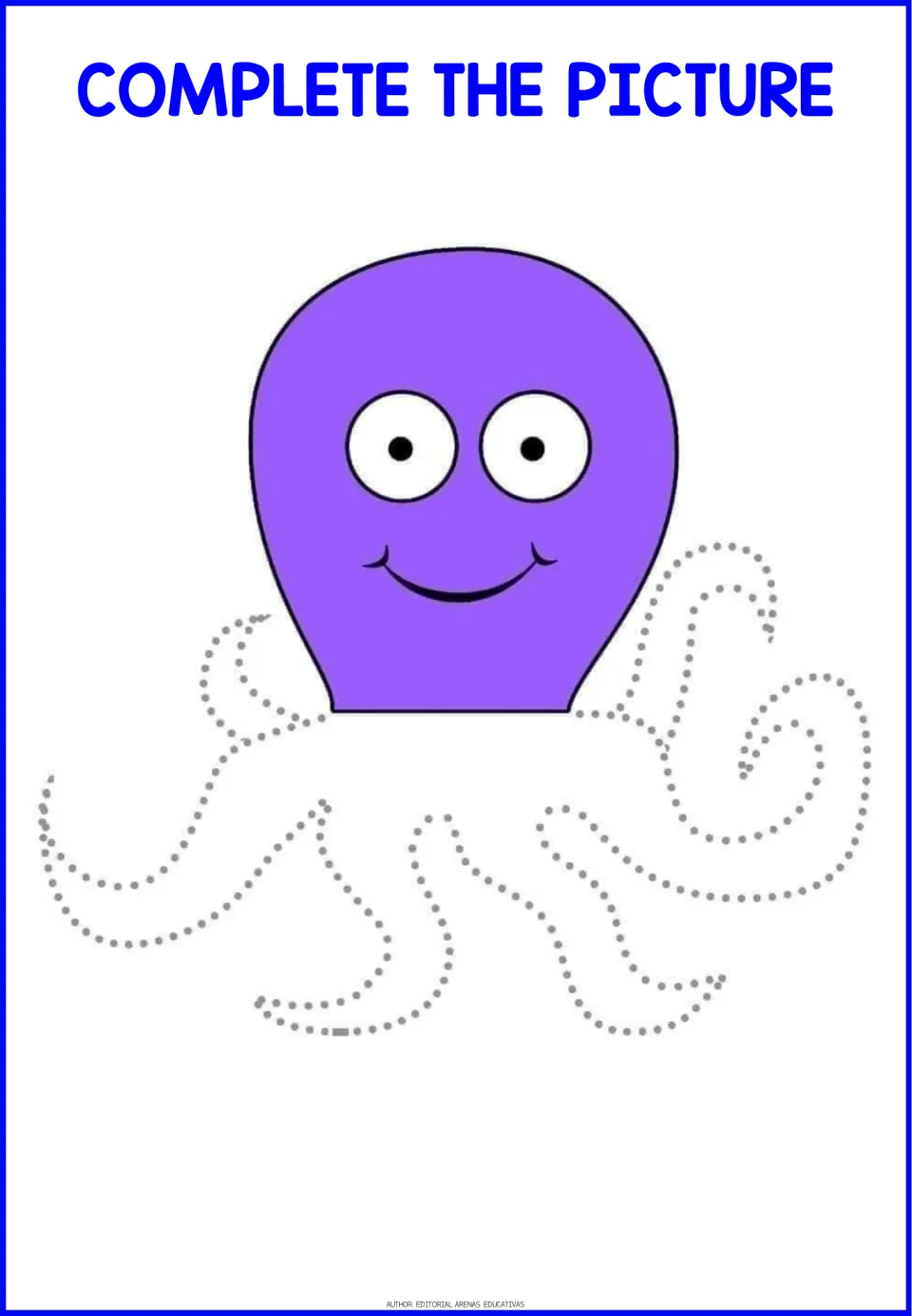 Purple octopus head with a smile: students trace eight dotted curling tentacles to complete the sea animal