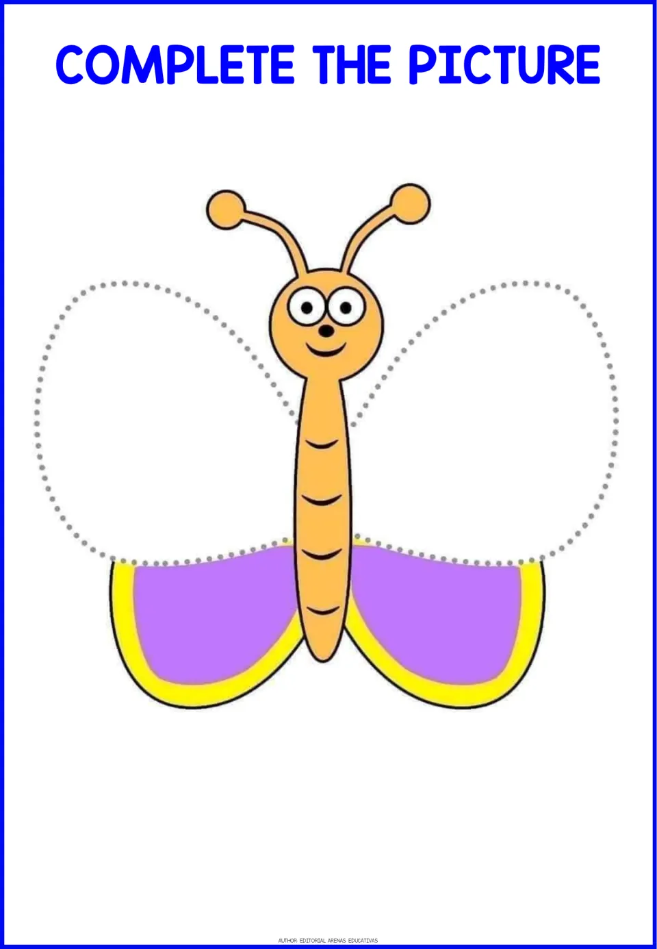 Butterfly with orange body and purple lower wings: students trace the dotted upper wings to complete it, then add color