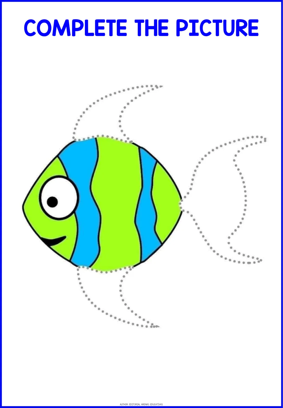 Green and blue striped fish: students trace its dotted top fin, bottom fin and tail to finish the fish