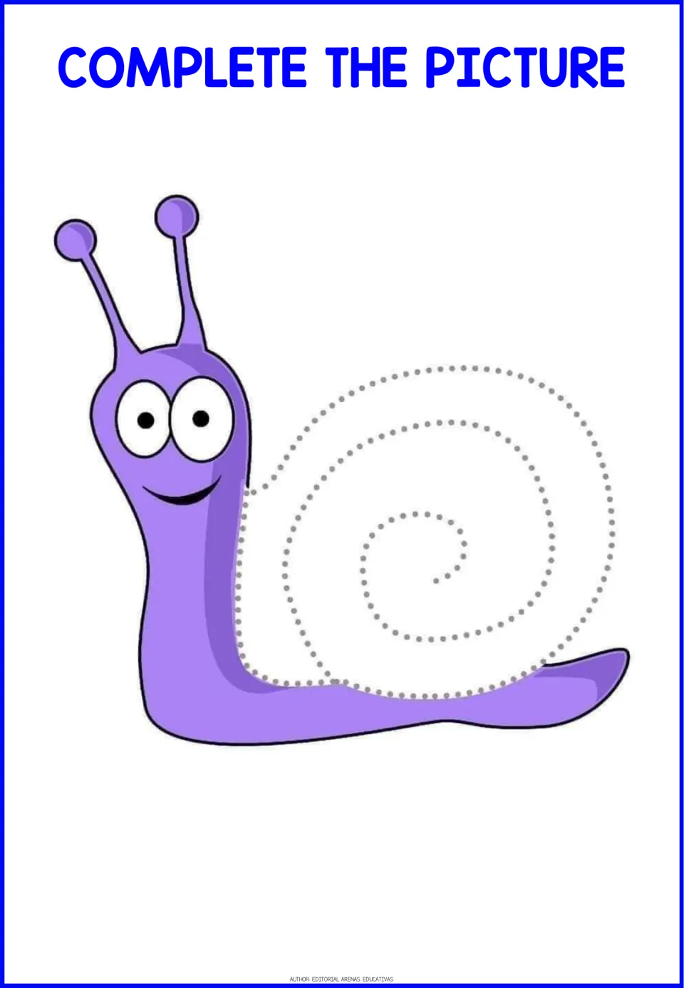 Purple snail with long eye stalks: students trace the dotted spiral shell to complete the snail