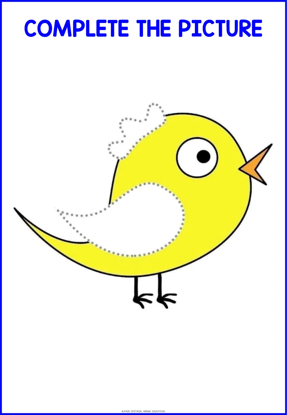 Yellow bird with an orange beak: students trace the dotted head feathers and wing to finish the drawing, then color them