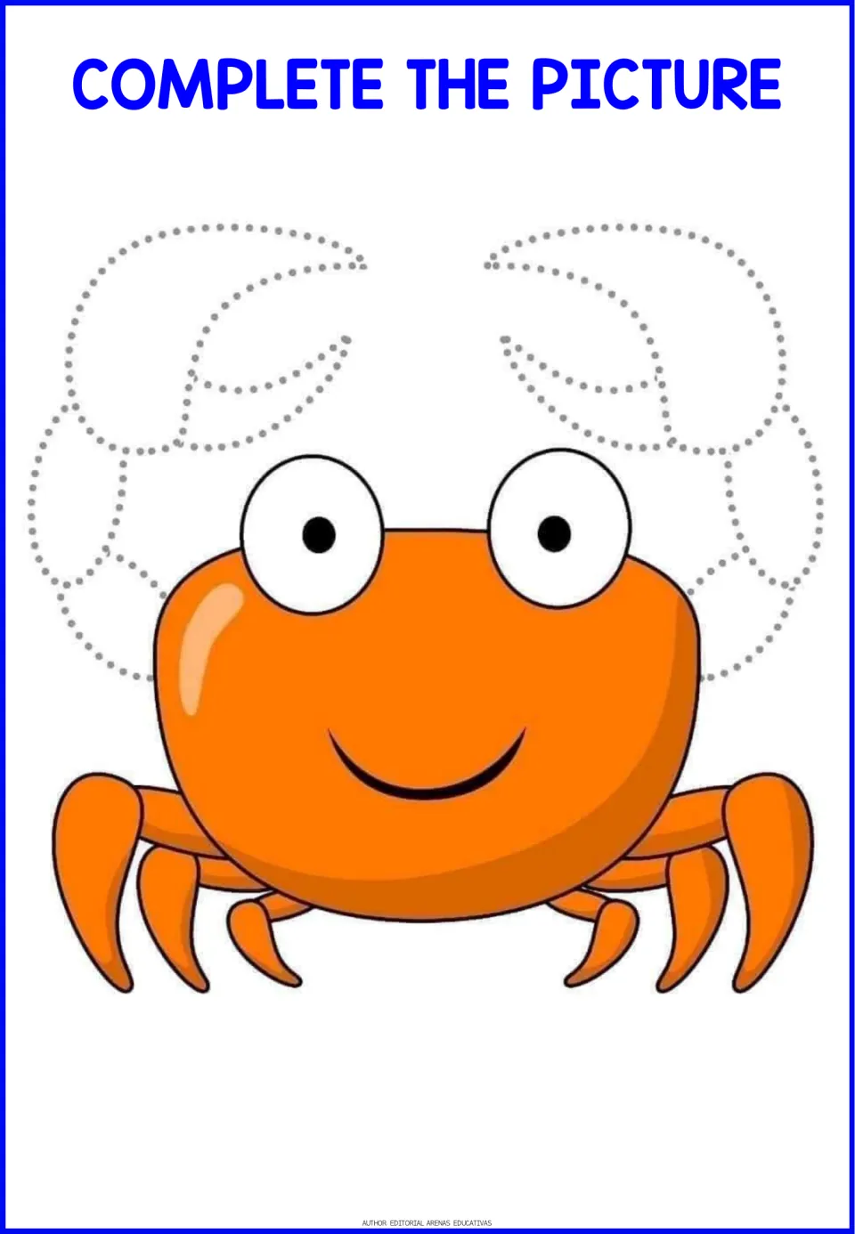 Smiling orange crab with legs drawn: students trace the two dotted claws to complete the crab, practising curved lines