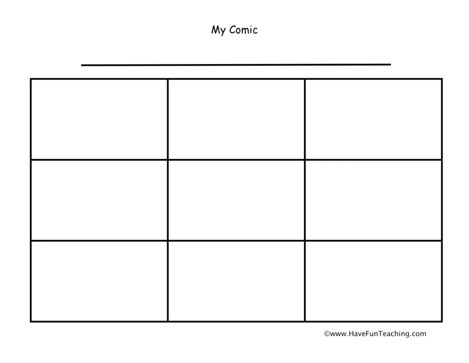 My Comic template: students write a comic title, then draw and write a story in order across nine blank comic panels