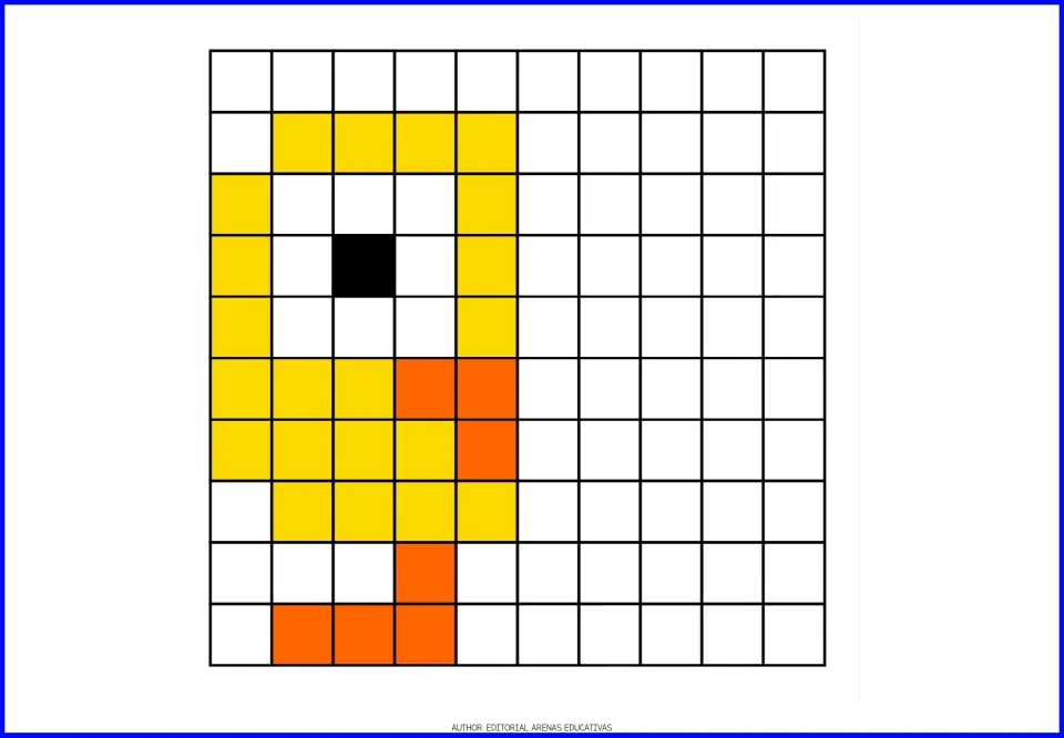 Symmetry coloring exercise 1: complete a yellow bird using the colored half, with orange beak and foot