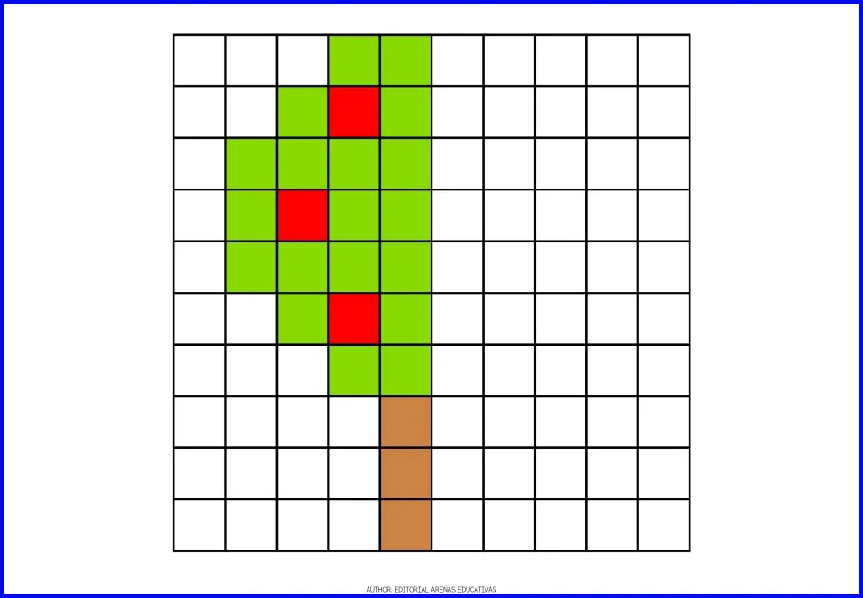 Symmetry coloring exercise 3: complete a fruit tree using the green, red, and brown colored half