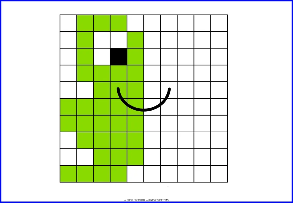 Symmetry coloring exercise 6: complete a smiling green frog using the colored half and black eye