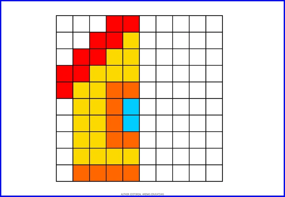 Symmetry coloring exercise 8: complete a house using the half with a red roof and yellow walls