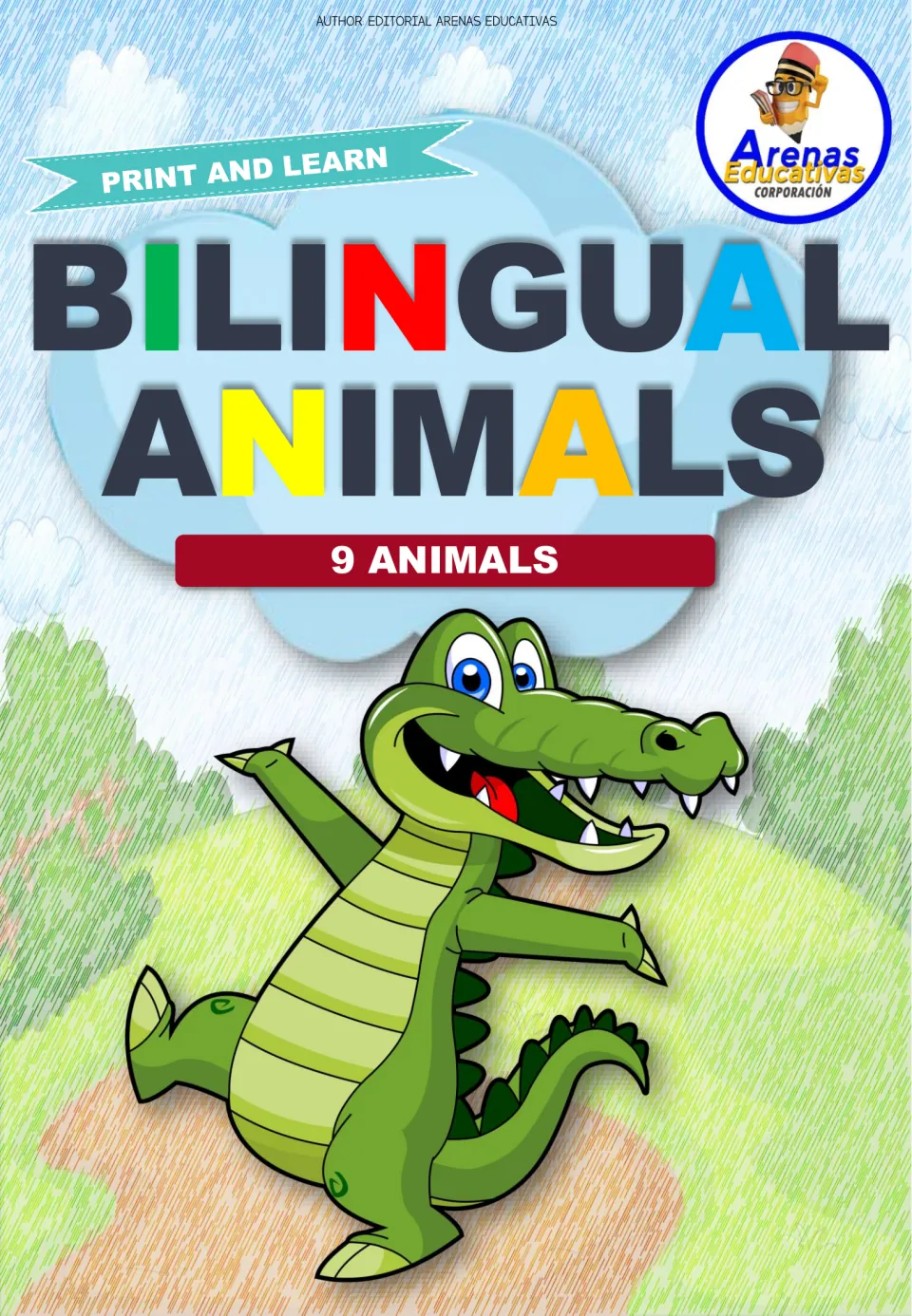 Bilingual Animals cover: a Print and Learn set of 9 Spanish-English animal cards, shown with a dancing cartoon crocodile