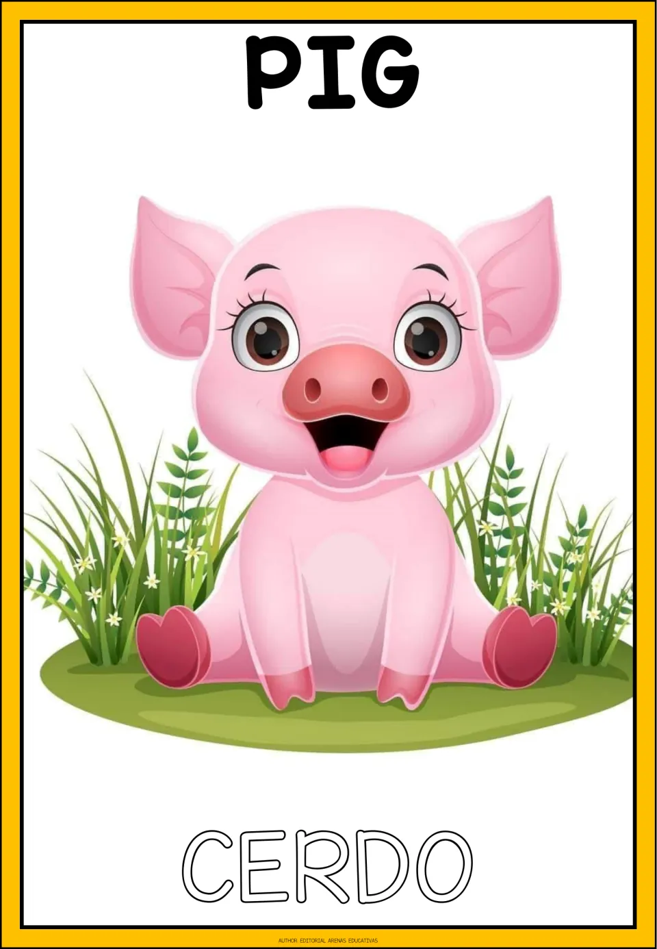 Pig vocabulary card: English word PIG above a cartoon piglet in grass, with the Spanish word CERDO in outline letters
