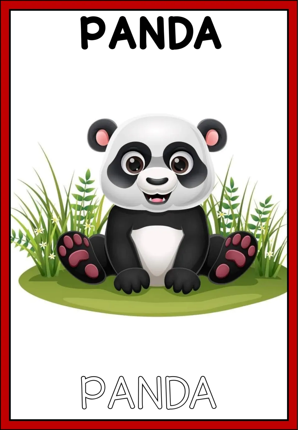 Panda vocabulary card: English PANDA heading over a seated cartoon panda; the Spanish word below is PANDA, spelled the same