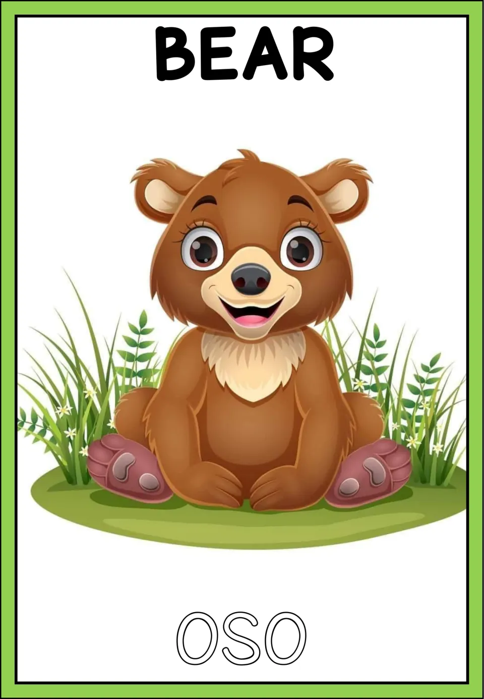 Bear vocabulary card: English BEAR over a smiling brown bear cub, with the Spanish word OSO in outline letters below