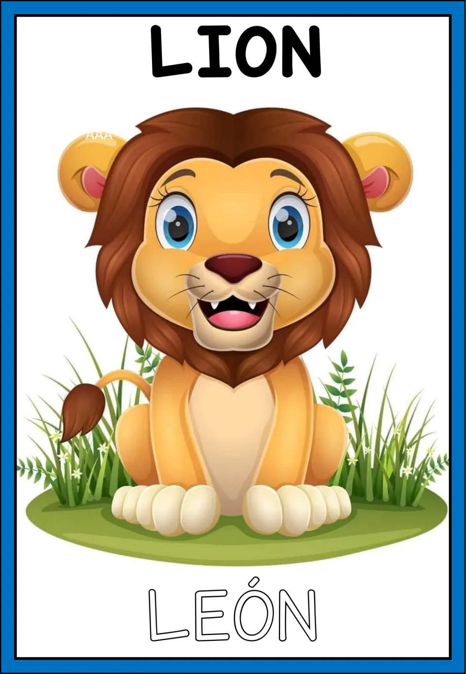 Lion vocabulary card: English LION above a cartoon lion cub with a brown mane; Spanish LEÓN in outline letters below