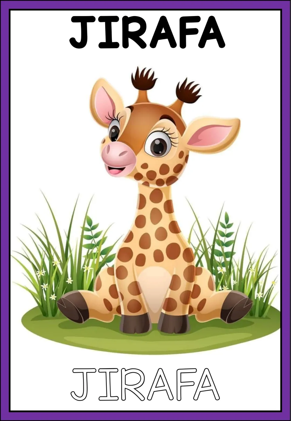 Giraffe card printed with the Spanish JIRAFA at both top and bottom around a spotted baby giraffe; no English word appears
