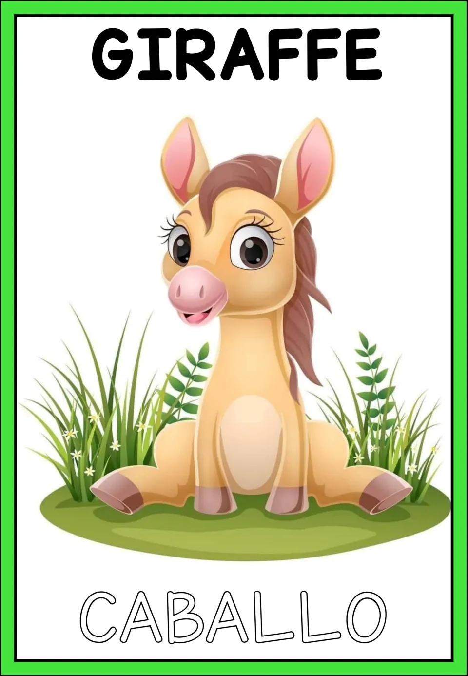 Mislabeled card: the English heading reads GIRAFFE, but the cartoon is a horse foal and the Spanish word below is CABALLO