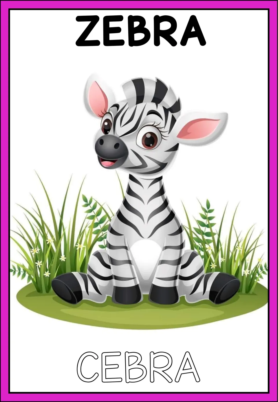 Zebra vocabulary card: English ZEBRA above a striped cartoon zebra foal in grass, with the Spanish CEBRA in outline letters