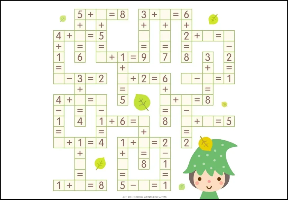 Ninth math practice sheet: missing-number addition and subtraction equations, including 5 − __ = 1