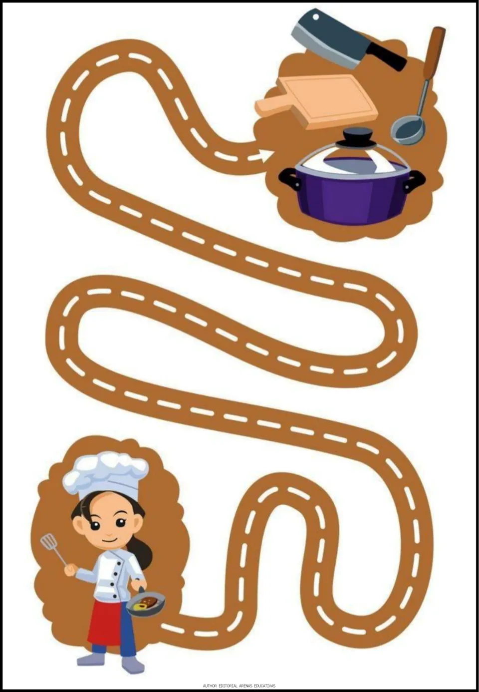 Chef maze activity: a winding path connects a chef to a cooking pot, cutting board, cleaver, and ladle.
