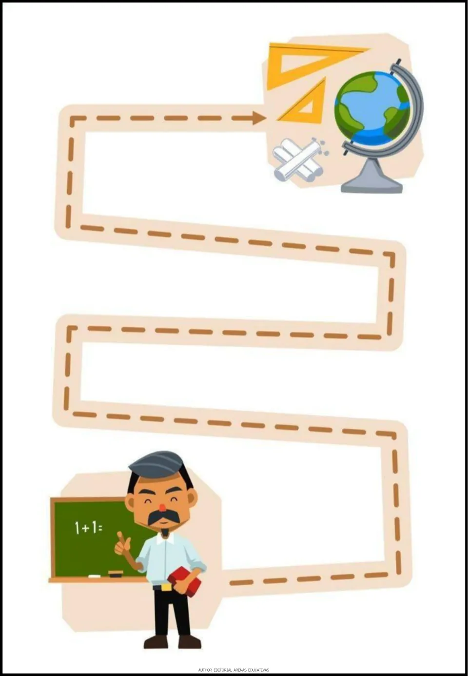 Teacher maze activity: a turning path connects a teacher beside a math board to a globe, triangles, and chalk.