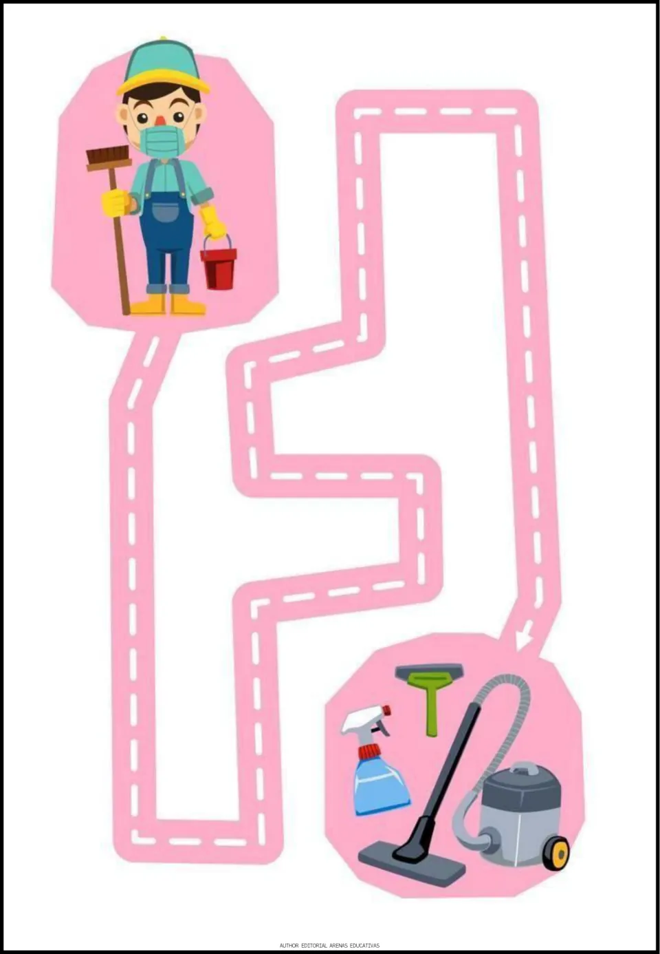 Cleaner maze activity: a turning path connects a worker holding a broom and bucket to cleaning equipment.