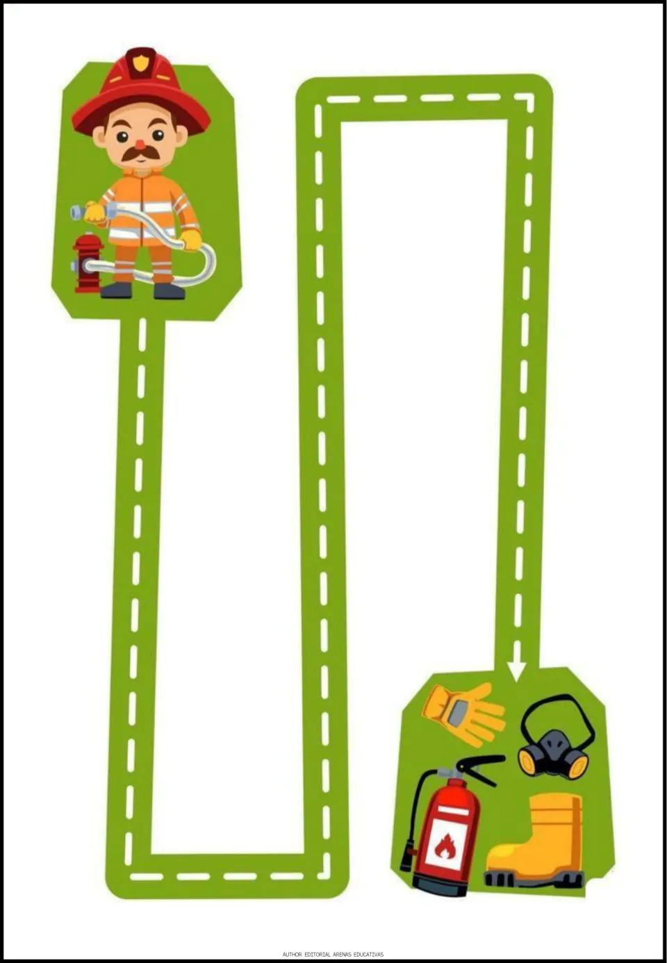 Firefighter maze activity: a path connects a firefighter to gloves, a respirator, a boot, and a fire extinguisher.