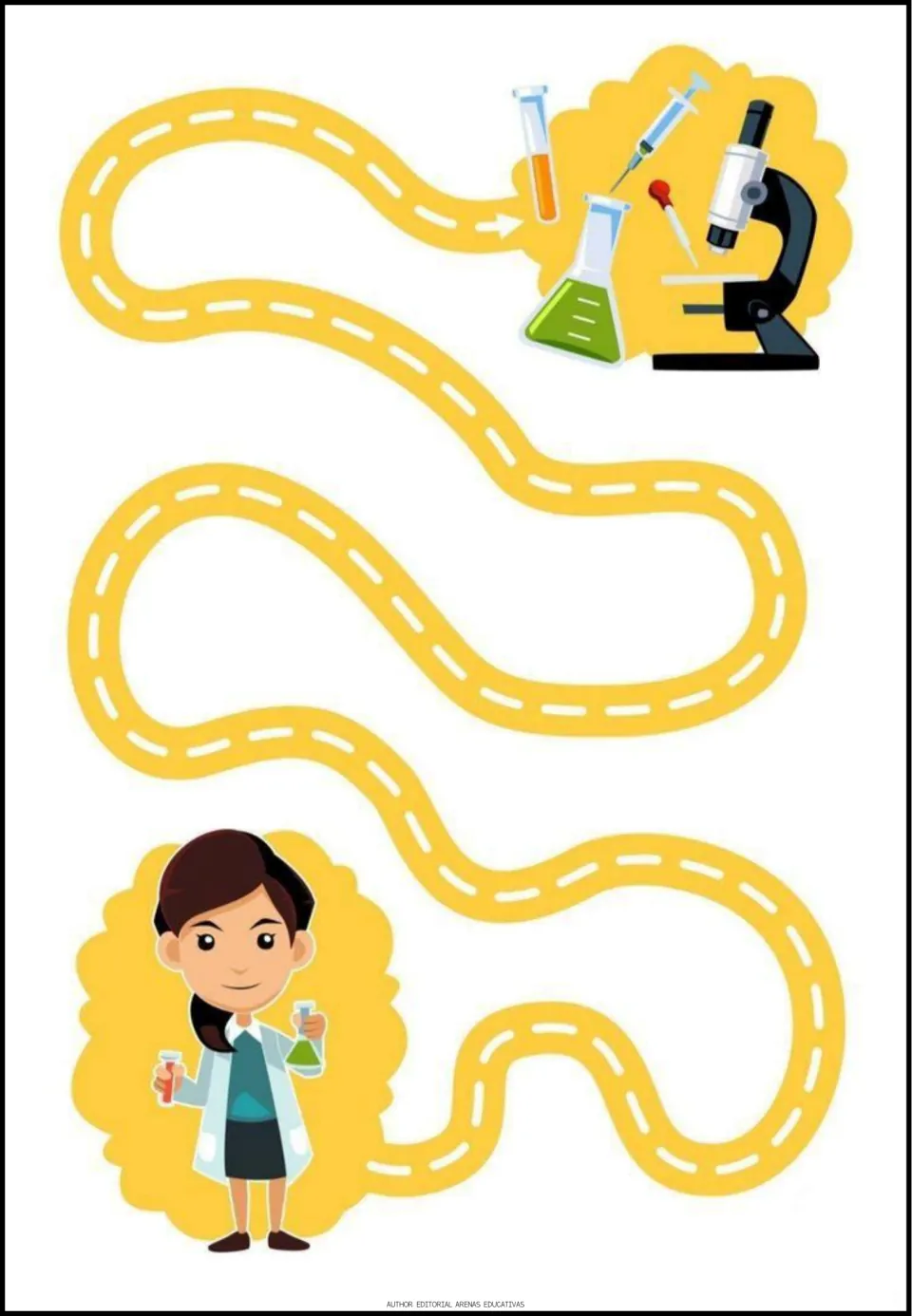 Scientist maze activity: a winding path connects a scientist to a microscope, flask, and other lab tools.