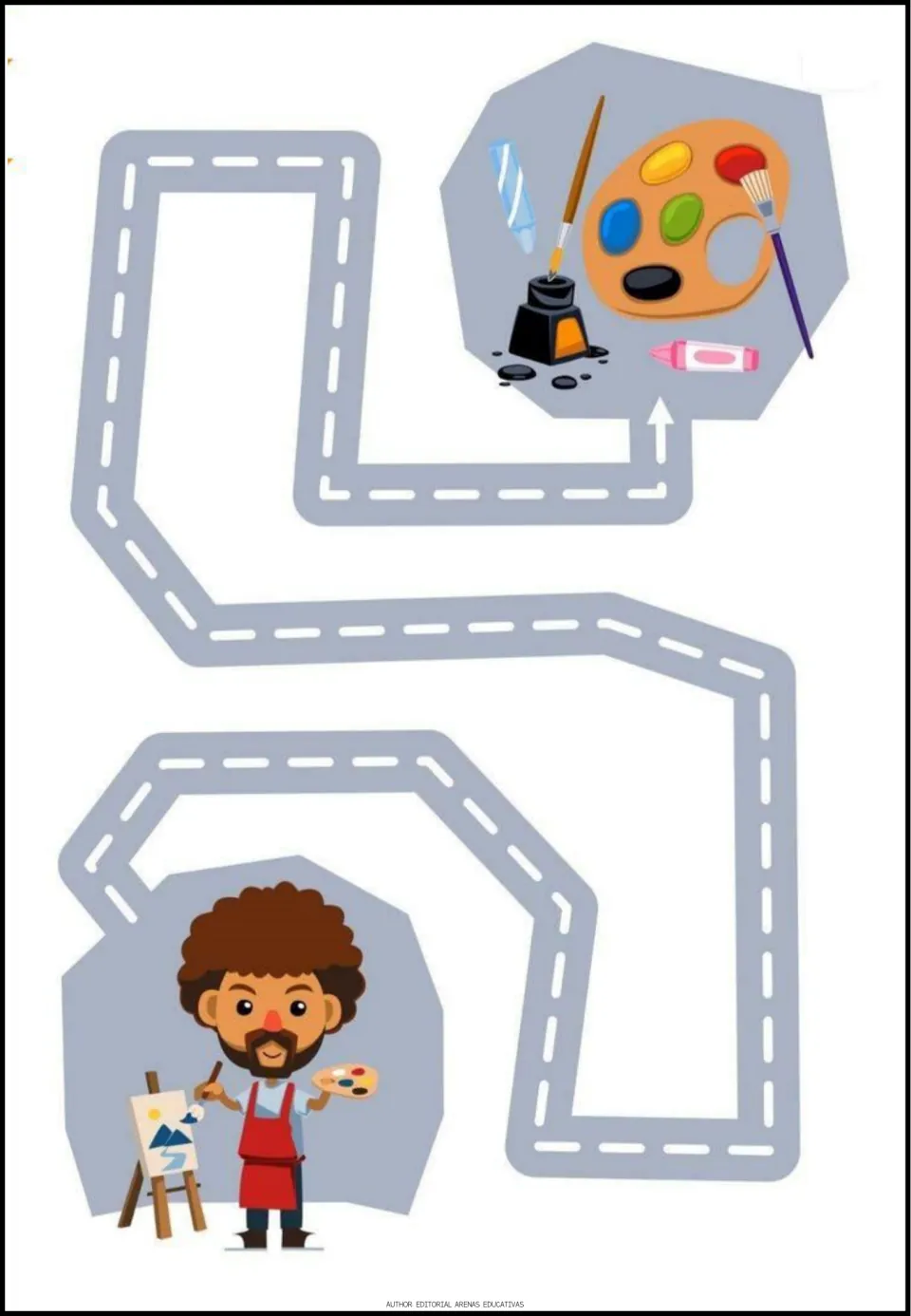 Artist maze activity: a turning path connects an artist at an easel to a palette, brushes, ink, and a crayon.