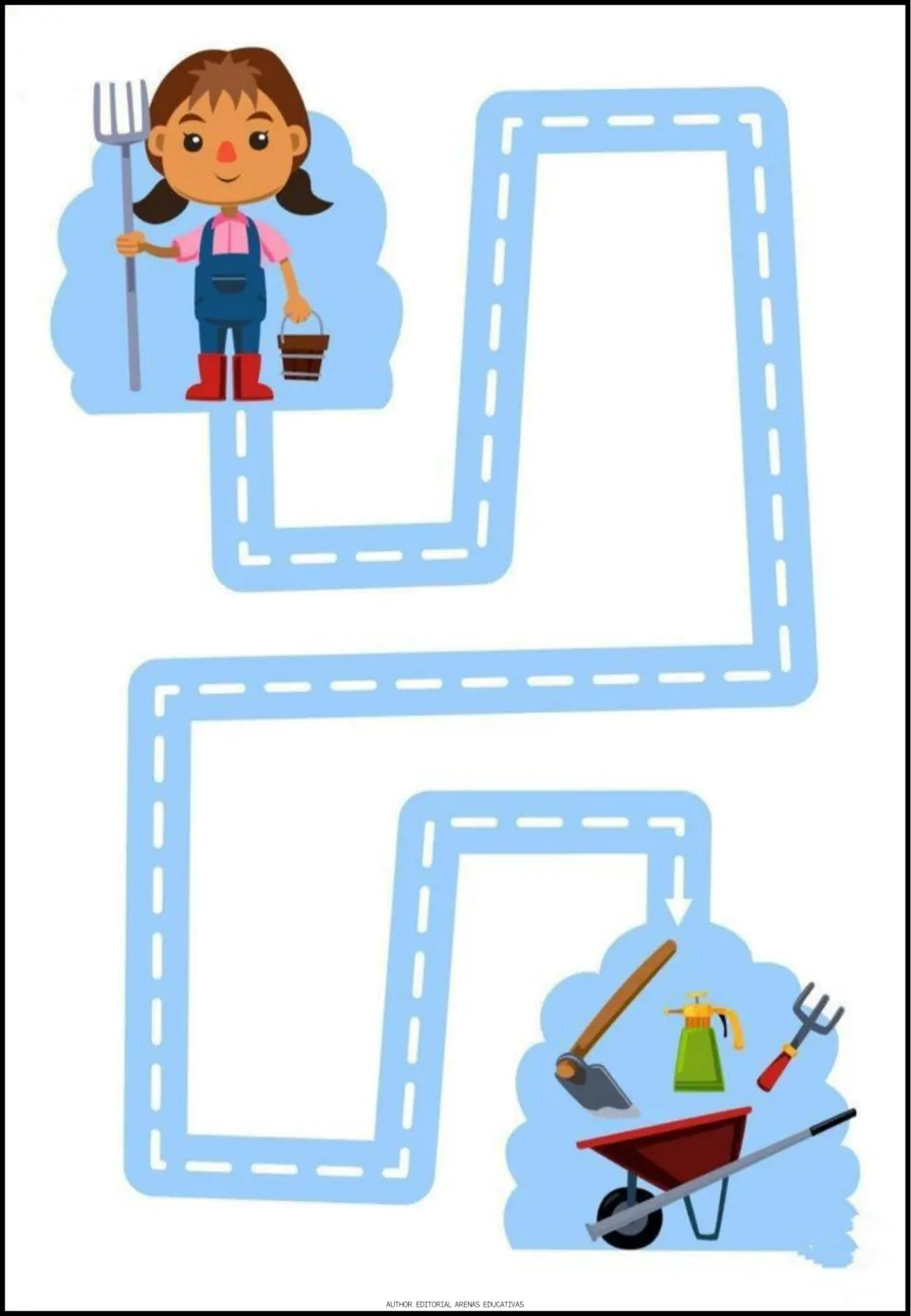 Gardener maze activity: a turning path connects a gardener to a shovel, sprayer, hand fork, and wheelbarrow.