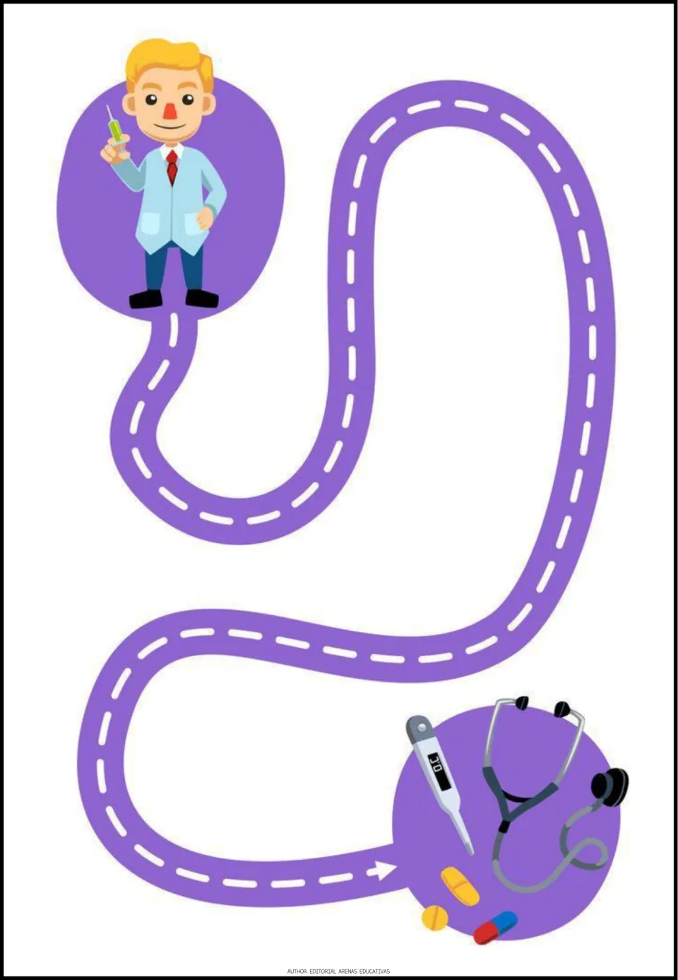 Doctor maze activity: a winding path connects a doctor holding a syringe to a thermometer, stethoscope, and pills.