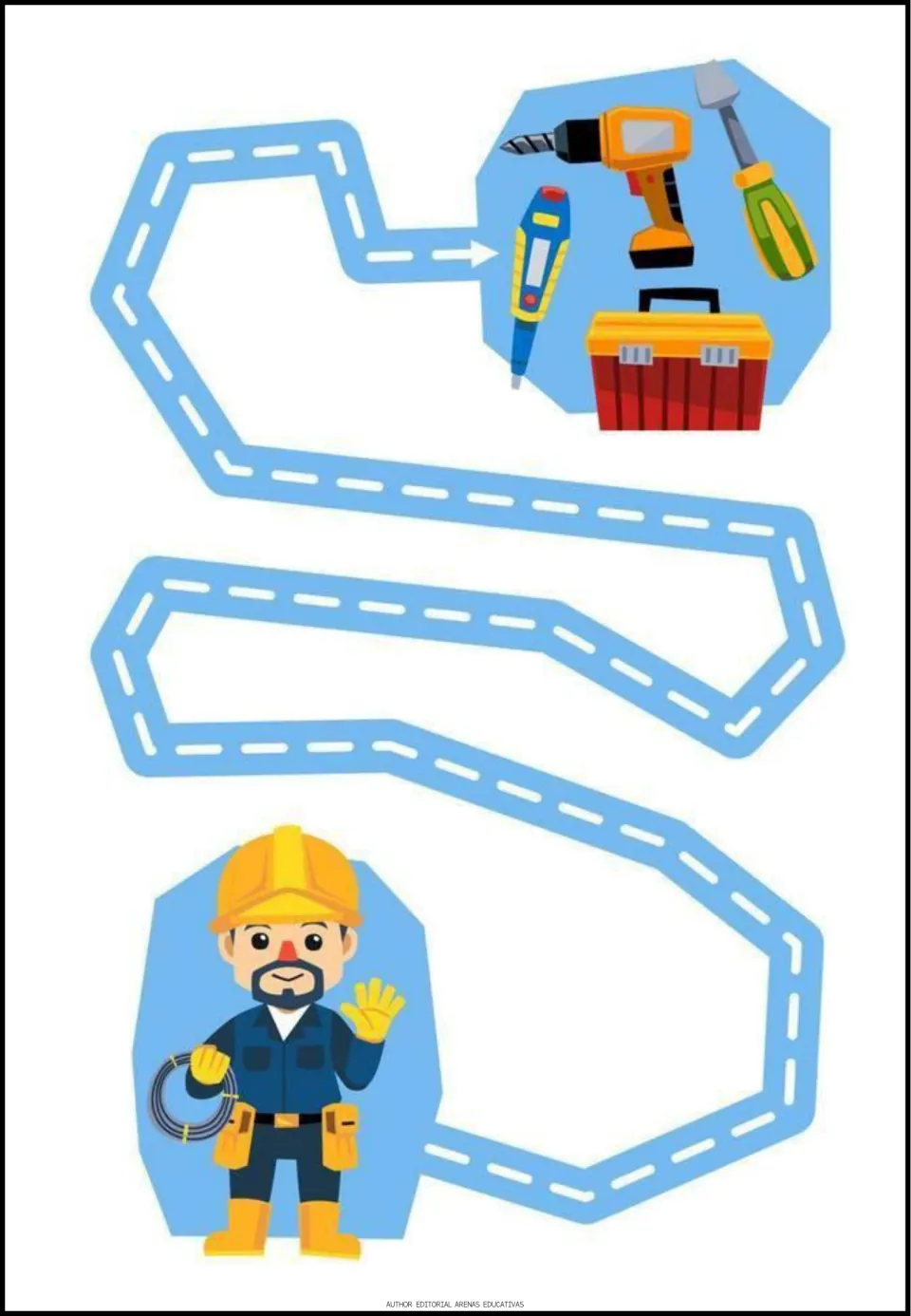 Electrician maze activity: a turning path connects a worker holding coiled wire to a drill, screwdriver, and toolbox.